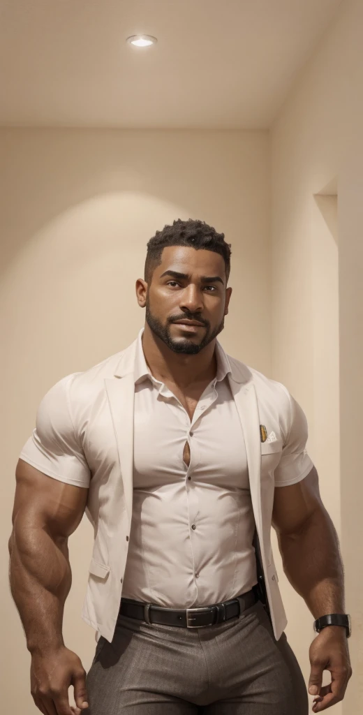 1boy, Egyptian, solo, facial hair,34 yrs old, dom, male focus, bara, muscular, mature male, muscular male, beard, short hair, thick eyebrows, brown-skinned male, thighs, fancy suit, dark skin, tie, tight white shirt, tight pants, open jacket, black police suit, police uniform, feet out of frame, thick thighs, looking at viewer, masterpiece, 4k, high quality, highres, absurdres,