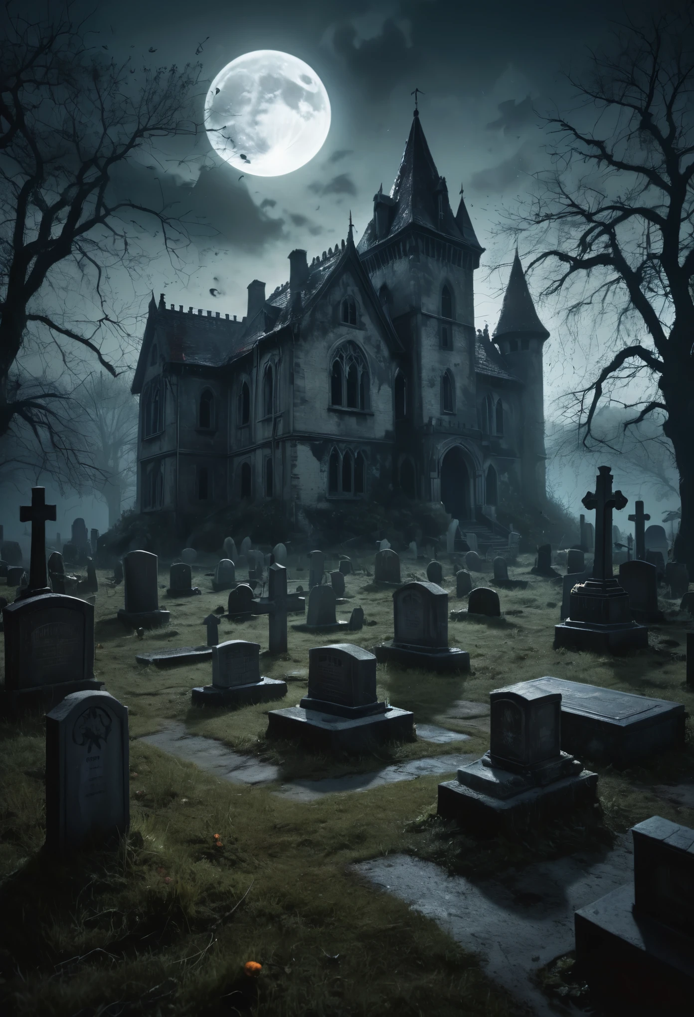 A dark, gothic horror landscape at night, with a full moon casting a pale light over a decrepit cemetery, (in the foreground a dead man mutilated rises from his grave:1.8). Sinister, glowing flora lines the old tombstones, and shadows move subtly as if haunted. The air is thick with a mysterious fog, and (ghostly apparitions can be seen in the distance:1.4), creating a chilling and ominous environment, a dark old castle on the background, (bats:0.5), ghosts . High detailed cinematic photo, breathtaking, dark shot, bokeh, photorealistic, 
shimmering digital colors, mixed media, textured paper, overlapping, asymmetrical, abstract, vibrant
many details, extreme detailed, full of details,
Wide range of colors.
Many details everywhere. soft shadows. Low saturation colors. Insane quality. Insane resolution. Insane details. Masterpiece. 32k resolution.
Dramatic,Dynamic,Cinematic,Sharp details
 