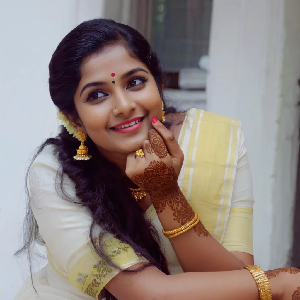 there is a woman with a henna and a yellow dress, traditional beauty, traditional makeup, with lovely look, with a happy expression, * colour splash *, with kerala motifs, candid picture, candid photograph, with a beautifull smile, sharandula, inspired by T. K. Padmini, with professional makeup, joyful look, traditional female hairstyles, traditional