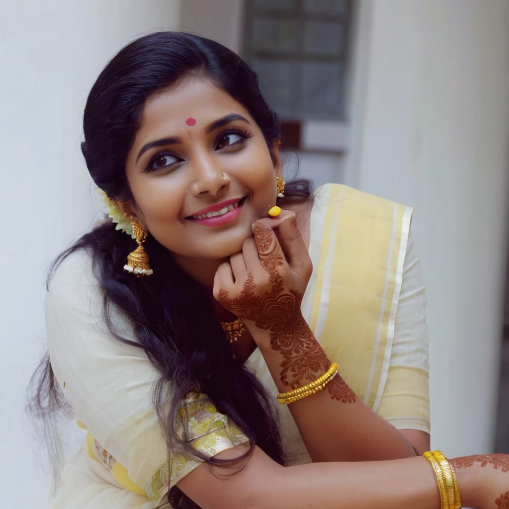 there is a woman with a henna and a yellow dress, traditional beauty, traditional makeup, with lovely look, with a happy expression, * colour splash *, with kerala motifs, candid picture, candid photograph, with a beautifull smile, sharandula, inspired by T. K. Padmini, with professional makeup, joyful look, traditional female hairstyles, traditional
