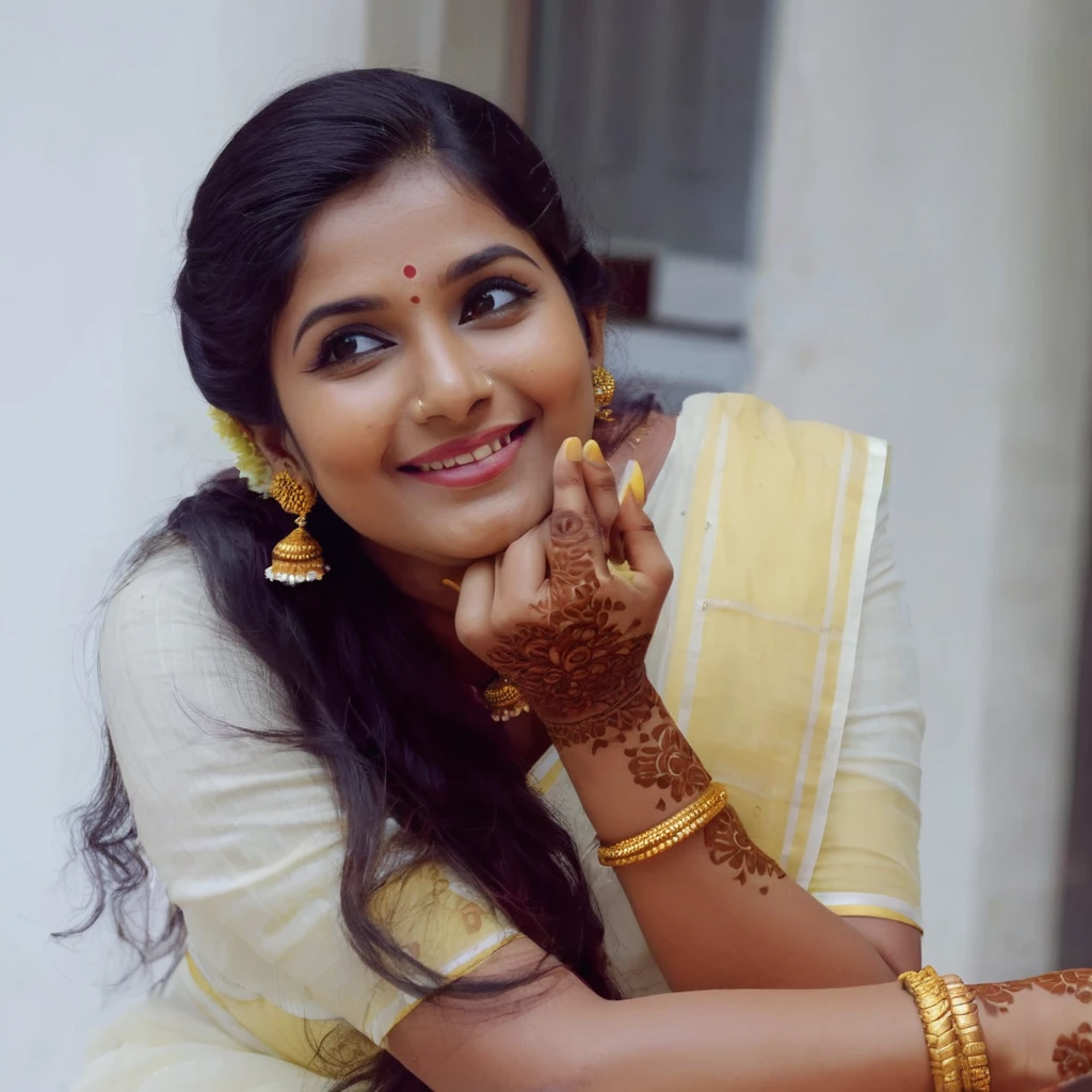 there is a woman with a henna and a yellow dress, traditional beauty, traditional makeup, with lovely look, with a happy expression, * colour splash *, with kerala motifs, candid picture, candid photograph, with a beautifull smile, sharandula, inspired by T. K. Padmini, with professional makeup, joyful look, traditional female hairstyles, traditional