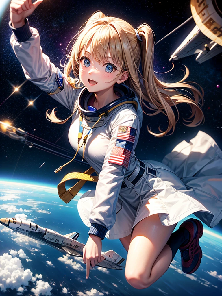 Highest quality,Highest Resolution,High school girl flying in space,Earth in the background,space shuttle,
