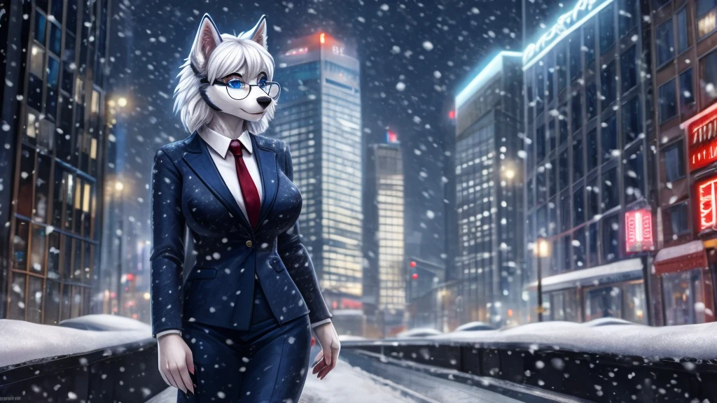 A russian female siberian husky, anthro, blue eyes, silky fluffy soft short white hair, round glasses, business outfit, adult, milf, ding, snowing, city, detailed, solo, beautiful, high quality, 4K
