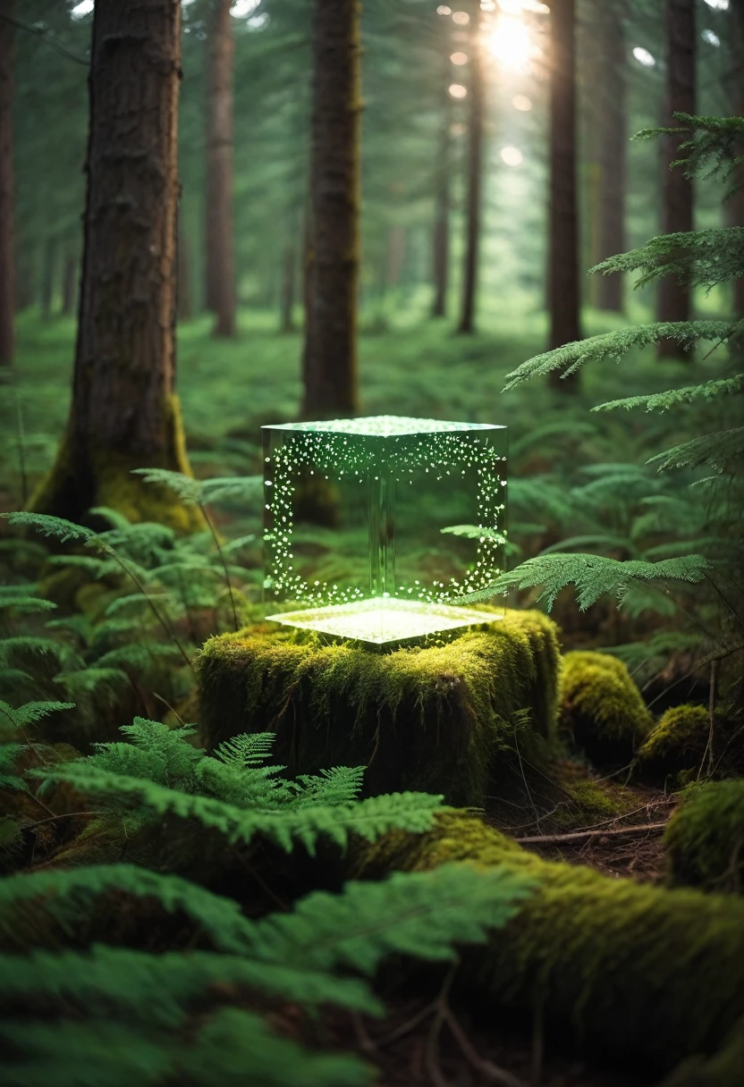 Glowing square shape in forest, depth of field