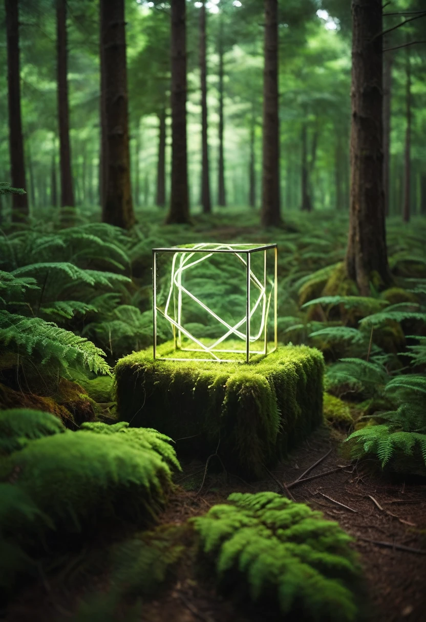 Glowing square shape in forest, depth of field
