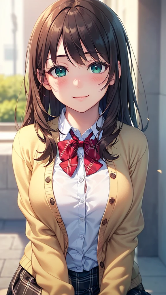 ((masterpiece, best quality, high resolution, Ultra HD, Pixel Perfect, Depth of Field, 4K, ringing, Human Development Report))), 1 Girl, single, Solitary, Beautiful anime girl, Beautiful art style, Anime Characters, ((Long hair, Bangs, Brown hair, curls:0.8)), ((Green Eyes:1.4, Round eyes, Beautiful eyelashes, Realistic eyes)), ((Delicate face, blush:1.2)), ((Smooth texture:0.75, Realistic textures:0.65, Reality:1.1, Anime CG style)), Medium breasts, Dynamic Angle, Perfect body, ((portrait, Throw)), ((Red bow tie, , Black jacket, Cardigan jacket, Brown cardigan, White shirt, Black skirt, Plaid skirt)), Smile, amusement park