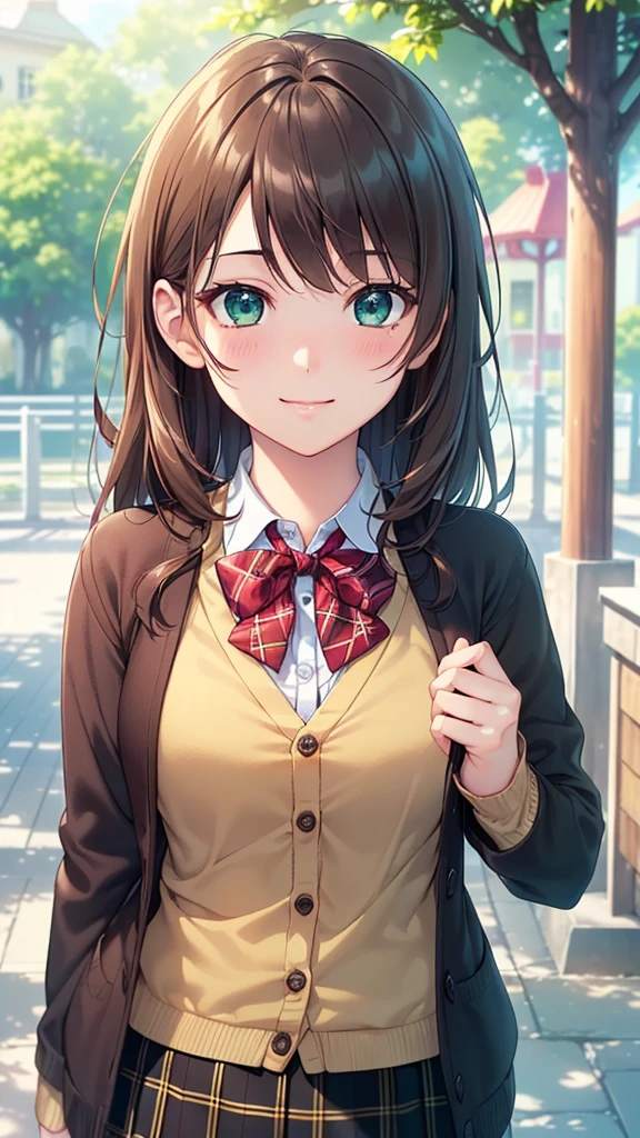 ((masterpiece, best quality, high resolution, Ultra HD, Pixel Perfect, Depth of Field, 4K, ringing, Human Development Report))), 1 Girl, single, Solitary, Beautiful anime girl, Beautiful art style, Anime Characters, ((Long hair, Bangs, Brown hair, curls:0.8)), ((Green Eyes:1.4, Round eyes, Beautiful eyelashes, Realistic eyes)), ((Delicate face, blush:1.2)), ((Smooth texture:0.75, Realistic textures:0.65, Reality:1.1, Anime CG style)), Medium breasts, Dynamic Angle, Perfect body, ((portrait, Throw)), ((Red bow tie, , Black jacket, Cardigan jacket, Brown cardigan, White shirt, Black skirt, Plaid skirt)), Smile, amusement park