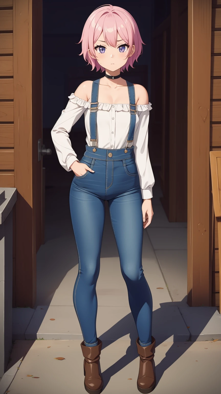 , sad, farm backround, Full body, looking at viewer, 1girl, solo, short pink hair, (dark blue choker), (dark blue denim overalls), (purple eyes), (pink boots), (white shoulder lantern sleeve blouse, tucked in pants