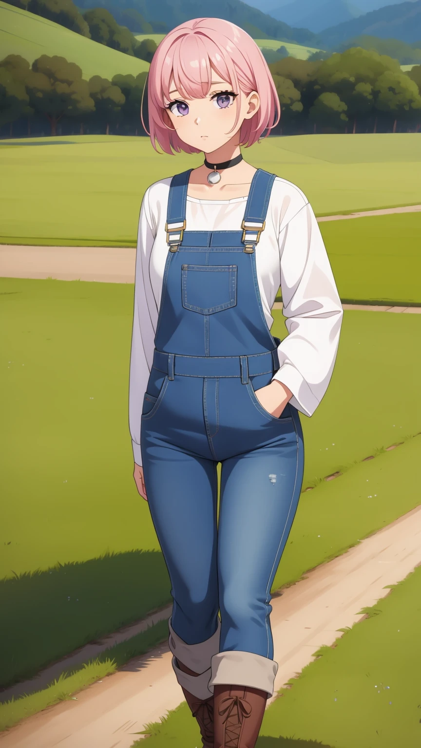 , sad, farm backround, Full body, looking at viewer, 1girl, solo, short pink hair, (dark blue choker), (dark blue denim overalls), (purple eyes), (pink boots), (white shoulder lantern sleeve blouse, tucked in pants