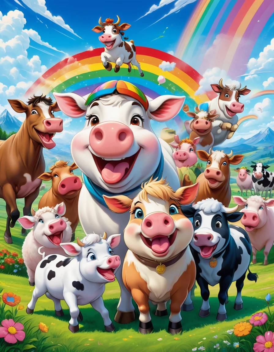 A vibrant and humorous scene with a group of laughing anime-style characters surrounding a comically exaggerated cow with spiraled eyes and a large, drooling tongue. The characters; (pigs, cows, horses, cats, dogs, sheep), display various expressions of amusement, some pointing and laughing, others covering their mouths. The background features a bright, colorful sky with radiant sun rays, blossoming cherry trees, and a rainbow. The setting appears to be a park or outdoor area with lush green grass. The characters wear casual modern clothing, with vivid colors and detailed textures. The overall style is highly saturated, energetic, and cartoonish, capturing a fun and playful atmosphere.