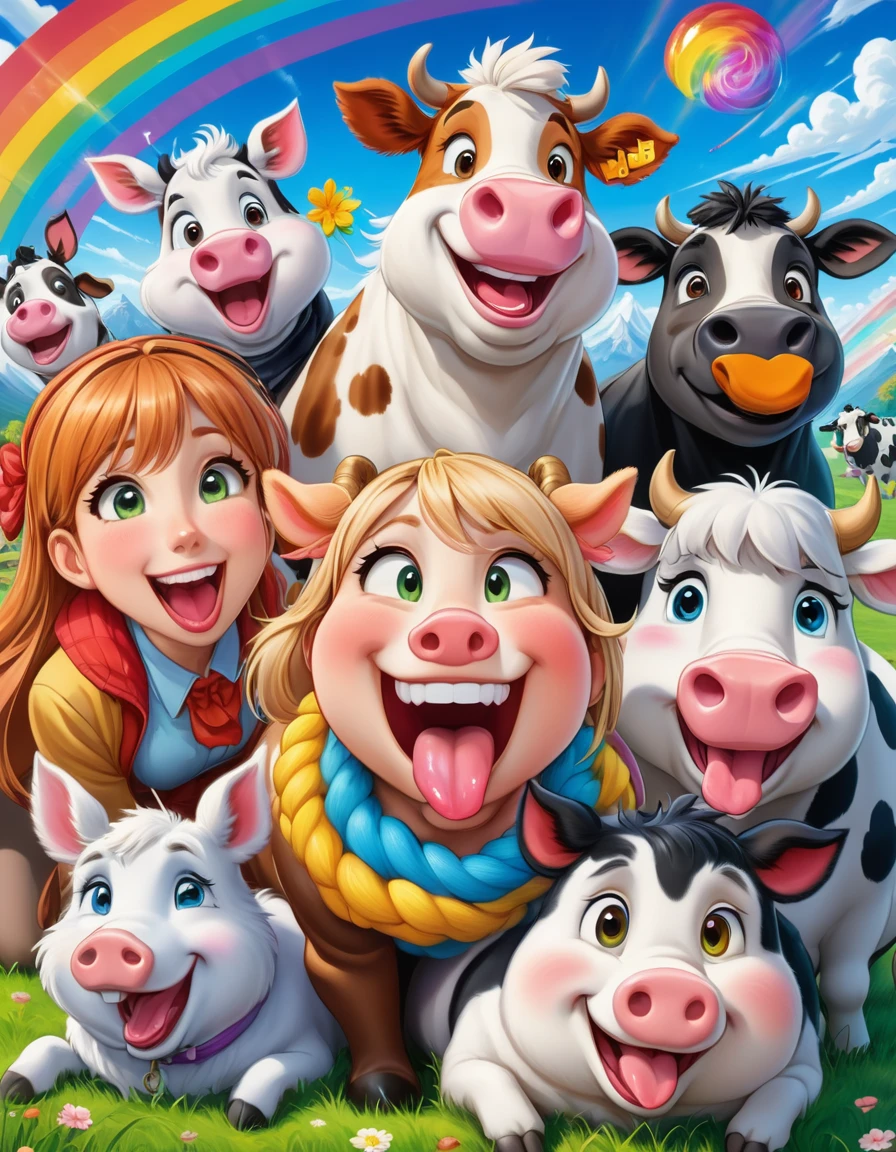 A vibrant and humorous scene with a group of laughing anime-style characters surrounding a comically exaggerated cow with spiraled eyes and a large, drooling tongue. The characters; (pigs, cows, horses, cats, dogs, sheep), display various expressions of amusement, some pointing and laughing, others covering their mouths. The background features a bright, colorful sky with radiant sun rays, blossoming cherry trees, and a rainbow. The setting appears to be a park or outdoor area with lush green grass. The characters wear casual modern clothing, with vivid colors and detailed textures. The overall style is highly saturated, energetic, and cartoonish, capturing a fun and playful atmosphere.
