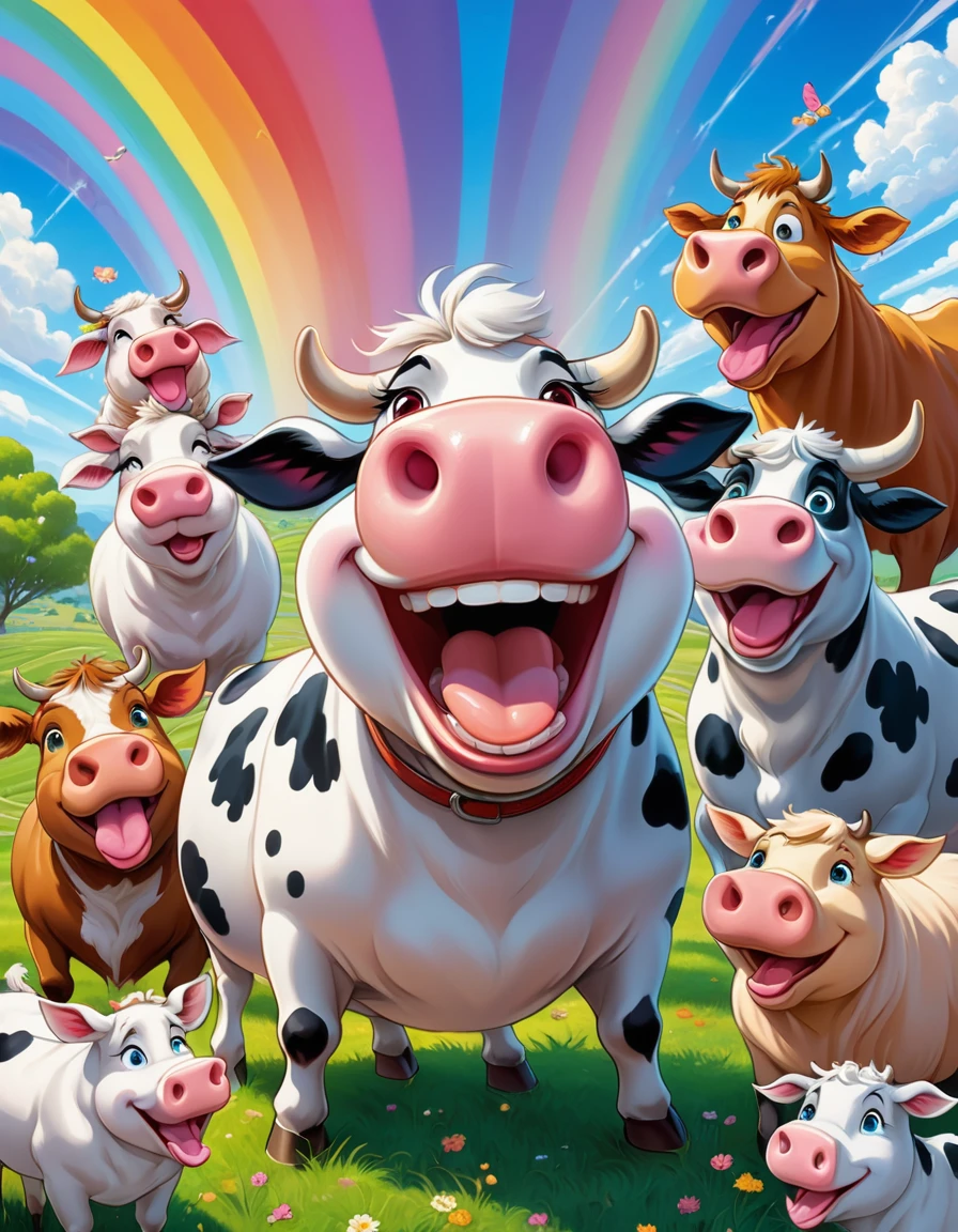 A vibrant and humorous scene with a group of laughing anime-style characters surrounding a comically exaggerated cow with spiraled eyes and a large, drooling tongue. The characters; (pigs, cows, horses, cats, dogs, sheep), display various expressions of amusement, some pointing and laughing, others covering their mouths. The background features a bright, colorful sky with radiant sun rays, blossoming cherry trees, and a rainbow. The setting appears to be a park or outdoor area with lush green grass. The characters wear casual modern clothing, with vivid colors and detailed textures. The overall style is highly saturated, energetic, and cartoonish, capturing a fun and playful atmosphere.