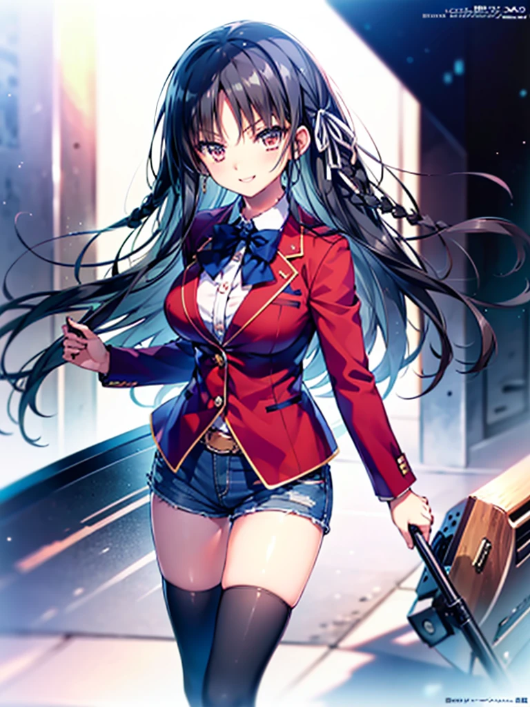 (8K, Highest quality, Highest quality, masterpiece), aasuzune, long hair, black hair, (single braid:1.2), hair ribbon, red jacket, blazer, blue bowtie, long sleeves, black thighhighs, smile, denim hot shorts, mini shorts, big breasts