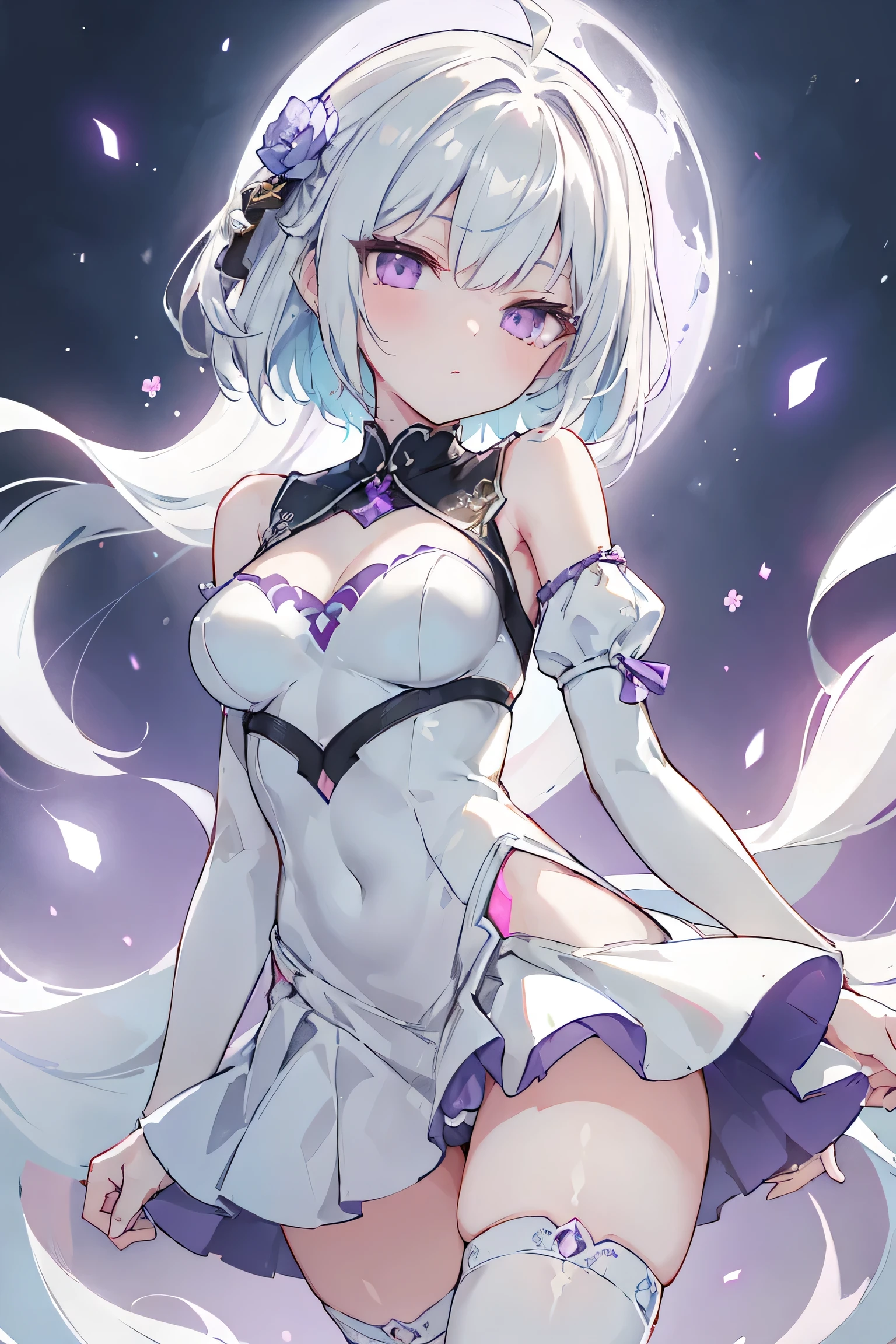 1girl, anime, cute girl, blank background, white background, fantasy, detailed fantasy dress with highlights, beautiful face, beautiful eyes, dark colors, black hair with multicolor streaks, red eye with different color pupil in eye, multicolor eye, medium breasts, slight cleavage, beautiful skin, cute, breast curtains, extremely delicate and beautiful, (beautiful detailed face:1.0), (detailed deep eyes), symmetrical breasts, deep eyes, shiny skin, portrait, slender waist, hips wider than shoulders, thighs, expressionless, young girl, luminous eyes, adorable，（Kpop idol）,（aegyo sal：1），（Platinum blonde hair：1），（（puffy eye）），Black panty，sexy posture，Superskirt, Ultra-high resolution，Black collar，slim figure, Abdominal y tattoo, womb tattoo，Tight-fitting leg ring，y tattoo on half-body，Bare skin, Armored hand，Hidden fingertips，Hand covered，Arm covered，Fist covered,{{beautiful detailed fingers}}, tufts of hair, moderate beautiful breast:1.0,(masterpiece:1.2), best quality, high-res, HDR, perfect face, intricate armor, delicate blue filigree, intricate filigree, red metalic parts, detailed part, dynamic pose, dynamic lights, cute face, neutral expression, shuimobysim, lotus, Hanfu, maxi skirt, dress conservatively 1girl, solo, long blue hair, standing, One lady,14years,((White hair) ,(Shiny purple bodysuit with microskirt),((Fantasy, Moon Night)), gradient_eyes,