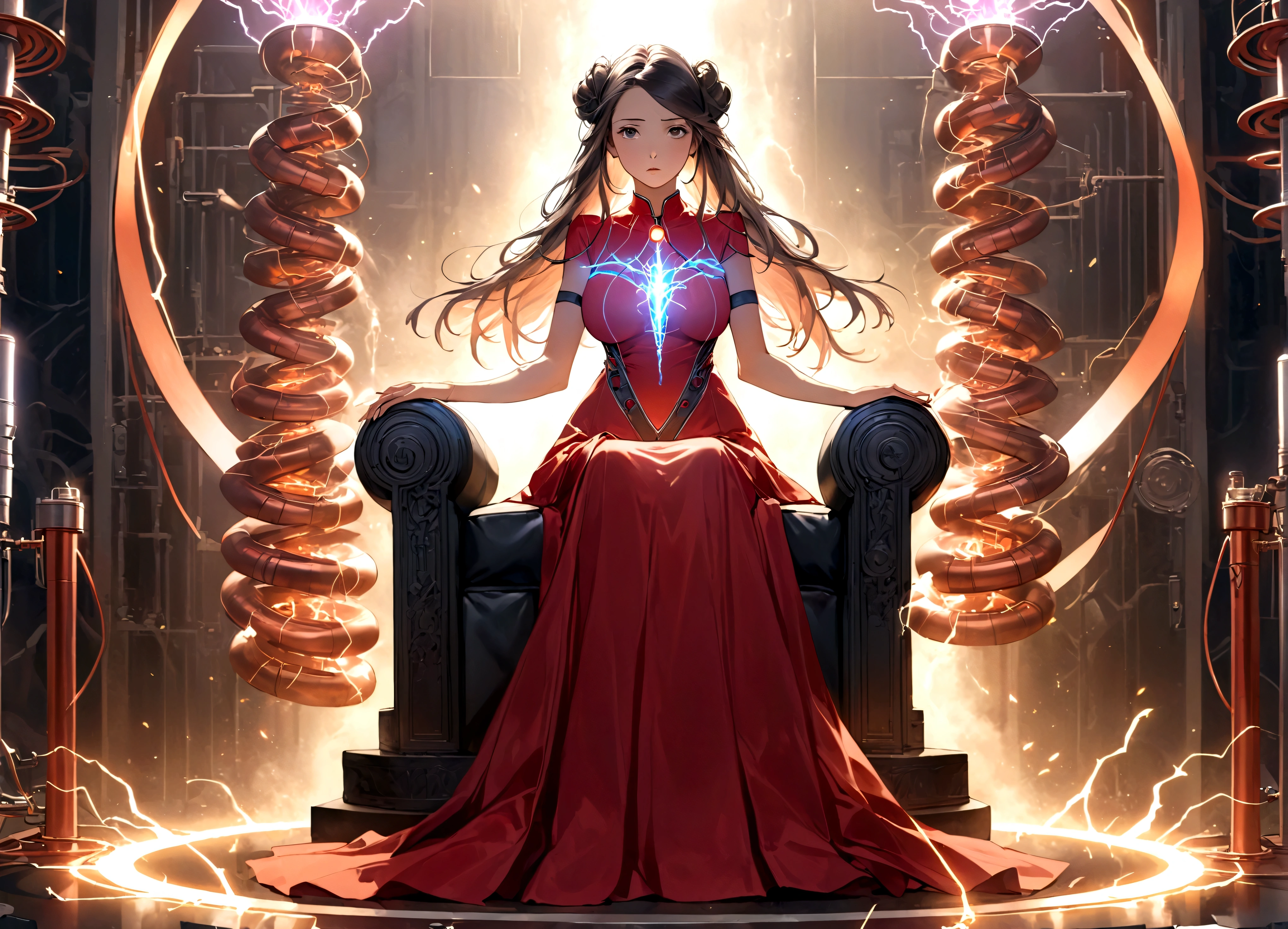 Tesla, 1900, has designed a throne of power (It has a Tesla coil on either side, electricity dances through the lab and across the coils), a lovely woman in an intricate dress sits on the throne and looks worried (her hair is electrified and standing straight out)