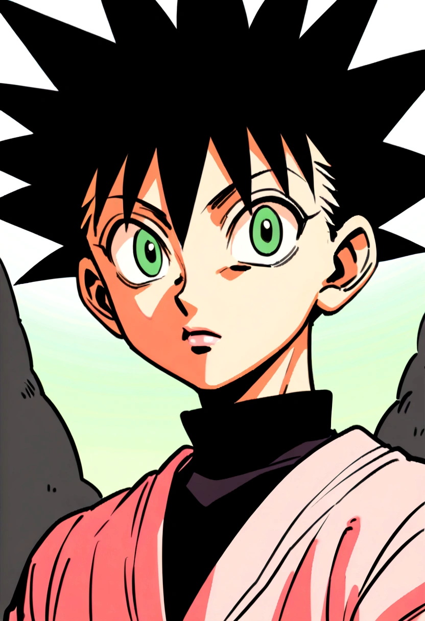 13 year old boy with black spiky hair and green eyes wearing pink and black clothes in hunter x hunter manga style
