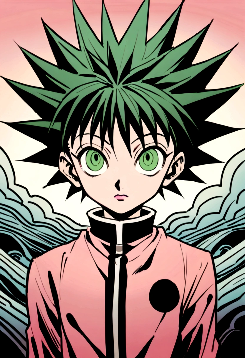 13 year old boy with black spiky hair and green eyes wearing pink and black clothes in hunter x hunter manga style