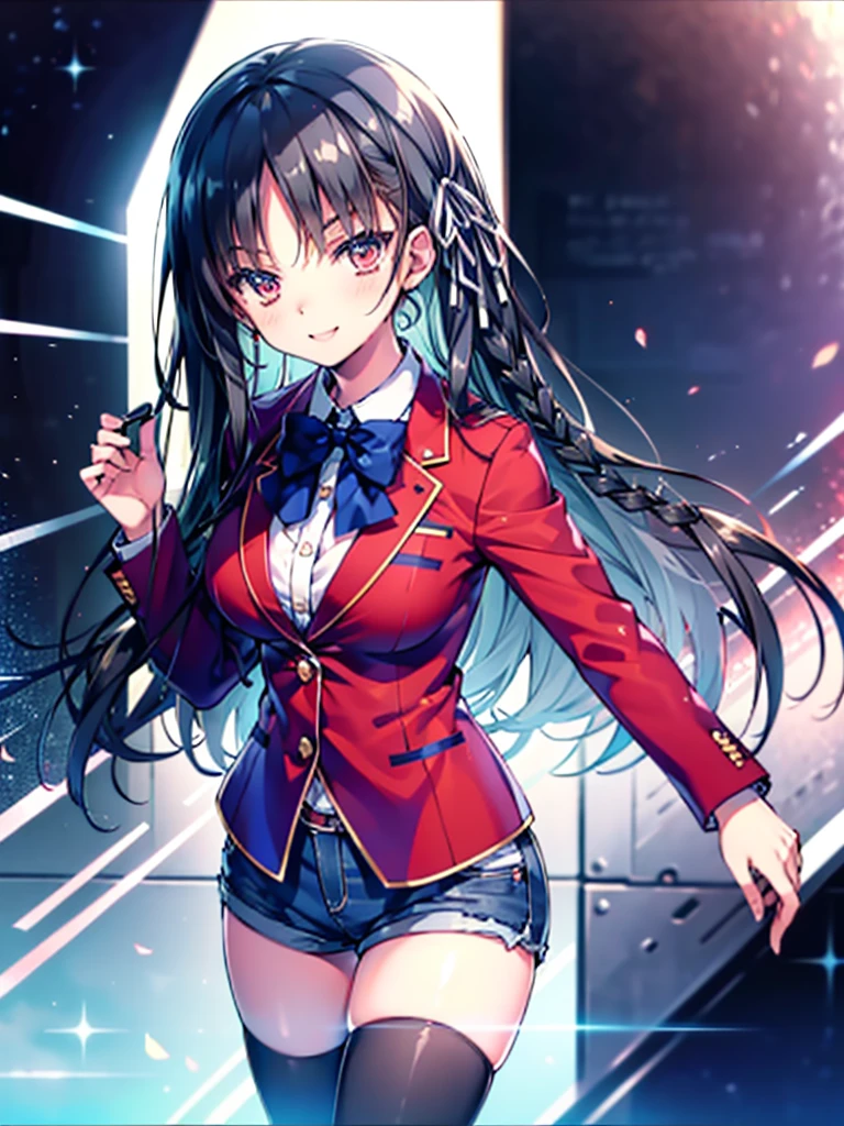 (8K, Highest quality, Highest quality, masterpiece), aasuzune, long hair, black hair, (single braid:1.2), hair ribbon, red jacket, blazer, blue bowtie, long sleeves, black thighhighs, smile, denim hot shorts, mini shorts, big breasts