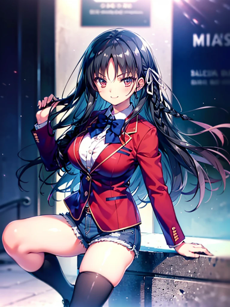(8K, Highest quality, Highest quality, masterpiece), aasuzune, long hair, black hair, (single braid:1.2), hair ribbon, red jacket, blazer, blue bowtie, long sleeves, black thighhighs, smile, denim hot shorts, mini shorts, big breasts