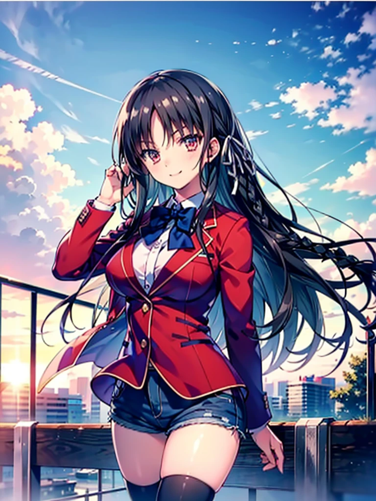 (8K, Highest quality, Highest quality, masterpiece), aasuzune, long hair, black hair, (single braid:1.2), hair ribbon, red jacket, blazer, blue bowtie, long sleeves, black thighhighs, smile, denim hot shorts, mini shorts, big breasts