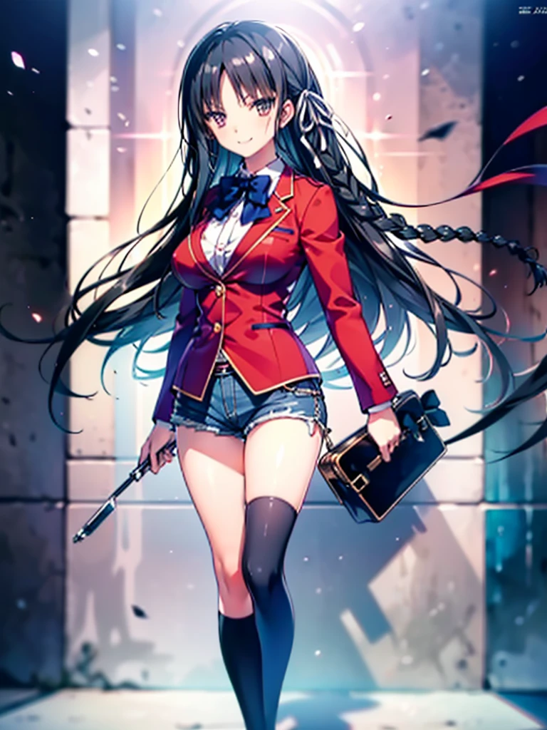 (8K, Highest quality, Highest quality, masterpiece), aasuzune, long hair, black hair, (single braid:1.2), hair ribbon, red jacket, blazer, blue bowtie, long sleeves, black thighhighs, smile, denim hot shorts, mini shorts, big breasts