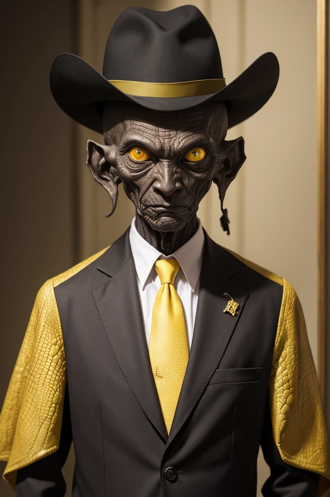 old thin humanoid with wrinkled face and blooming yellow reptilian eyes, black suit hat and tie.