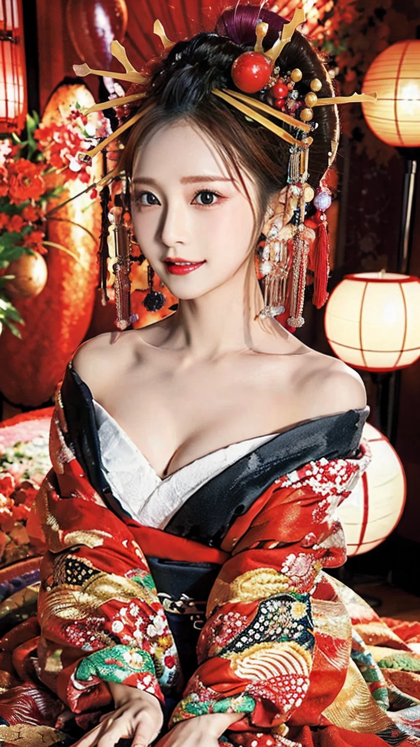 (masterpiece, Highest quality, Official Art), (Realistic: 1.5), Sharp focus, High detail, 8K,
(1 Girl), Precise anatomy body, Full Body Shot, (Round face: 1.5), Big eyes, A kind smile, Looking at the audience, Cowboy Shot, Prostitute in the Red Light District, Oiran, Courtesan hairstyle, Beautiful Face, Detailed face, Perfect proportions, Big Ass, Thick thighs, (Shiny skin), Sit sideways with knees apart, Sit sideways,
An expensive red kimono with an intricate design, (Many colors: 0.8), (comb, hairpin, hair ornaments,: 0.9), (Sexy angle), (The background is a night entertainment district.), Shallow depth of field, perspective,