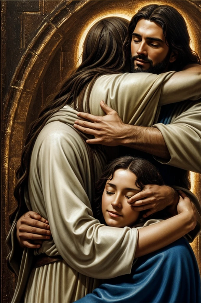 Embrace of Jesus: An artistic representation of Jesus embracing someone with love and welcome, reflecting the promise that He will never reject those who return to Him.