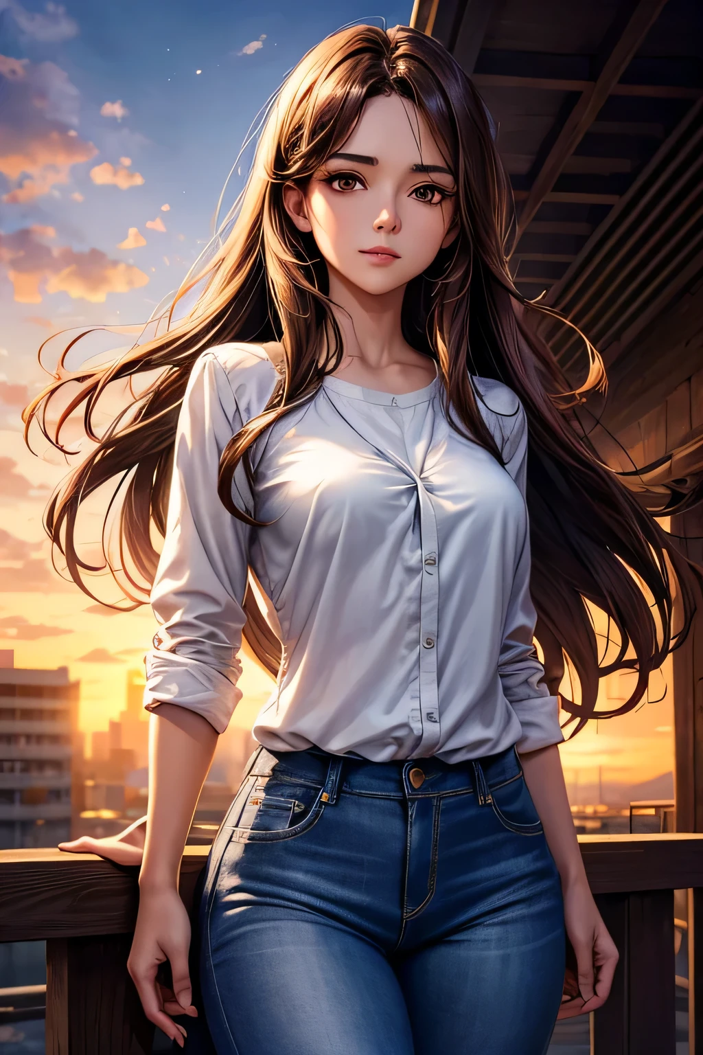 arafed woman, long brown hair, brown eyes, seductive look, white low-cut silk shirt, blue fitted jeans, sunset modern metropolis, spot lighting, light on hair, shallow depth of field, homogeneous background, looking at viewer, sexy