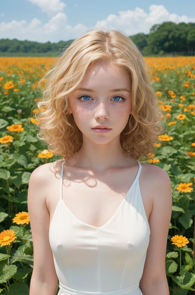 ((Highest quality)), ((masterpiece)), (detailed), freckles，One girl,Sweat，10th Generation，Blonde hair and blue eyes，Curly hair，White skin，Red cheeks，mole，Flower Field，one piece