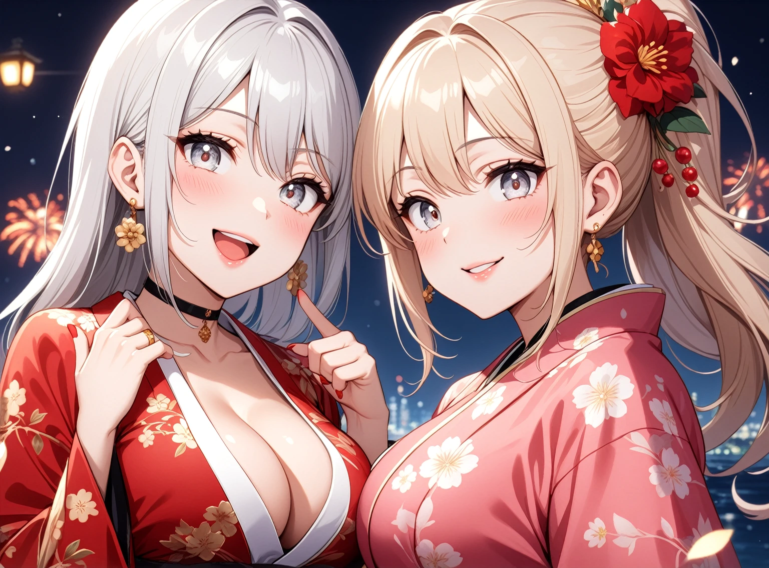 ((Two Women)), Beautiful Face, (Laughing embarrassedly), ((laugh)), ((Wink:1.8)), ((waving at viewer:1.3), Laugh with your mouth wide open,((Bright red cheeks:1.4)),Shiny red lips, night,横浜のnight景,You can see the ocean, firework,,Glossy pink lips,Facial lighting,((Anime style background)),masterpiece, Highest quality, so beautiful,up to date, Complex details, (4fingers and 1thumbs), (Pink long nails), (ring),(bracelet),(choker),AI-generated, Complex,High resolution, Highest quality, super high quality,3D Images、3D Images,One person,Long white hair,Blonde Hair, High Ponytail,(blue eyes),Anime woman posing for a photo, ((Fine grain、Silvery white eyes、Shining Eyes:1.4)),(Squint your eyes:1.1),a hyperRealistic , hyperRealistic , Realistic,Anime woman with long white hair, Smooth anime CG art, A woman in a colorful kimono with gold embroidery, (Black long sleeve kimono),(Pink long sleeve kimono), Red floral pattern,Long flower hair ornament,Earrings,Mature Body,(Big Breasts:1.1),Tall,Abdominal muscles,Narrow waist,(Zoom up to face), ((front view)),