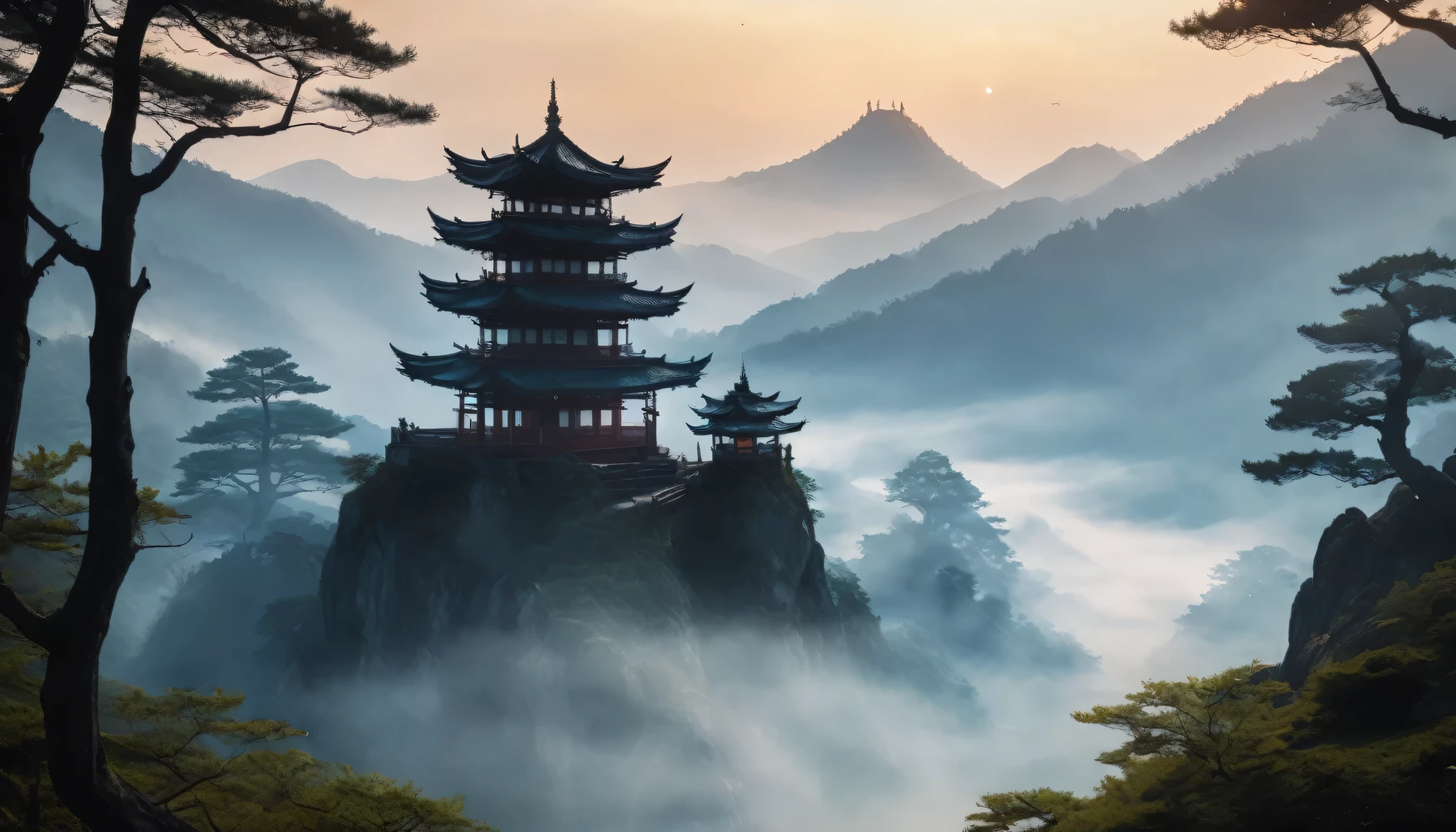 background: Quiet mountain scenery、Mysterious forest photo center: dragon silhouette