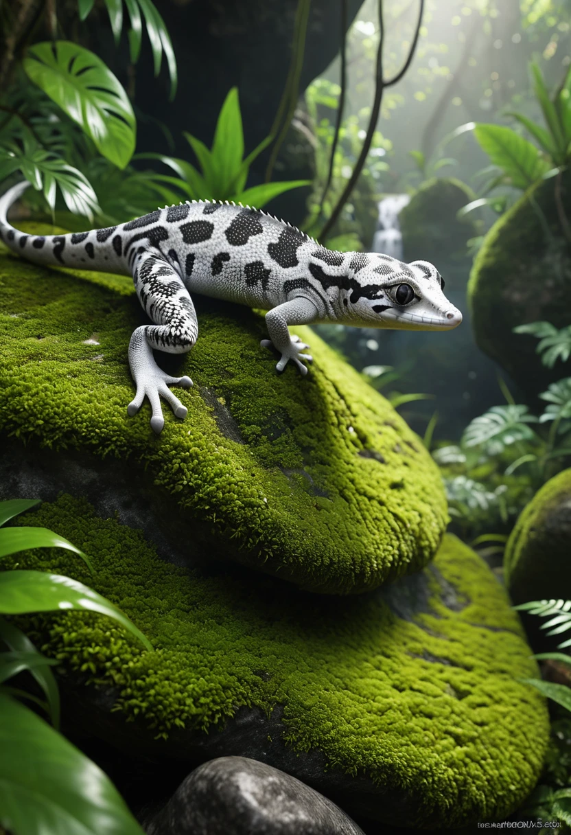 (cinematic lighting, extremely detailed, high detail, hires textures, incredibly detailed, intricate details, masterpiece, photorealism, true masterpiece, Intricately designed), (jungle, rocks, plants, moss), (silver gecko:1.3, tail, black eyes, spikes)