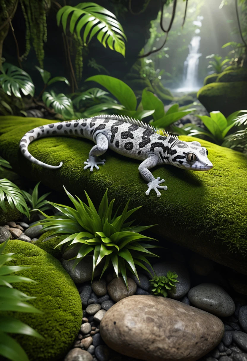 (cinematic lighting, extremely detailed, high detail, hires textures, incredibly detailed, intricate details, masterpiece, photorealism, true masterpiece, Intricately designed), (jungle, rocks, plants, moss), (silver gecko:1.3, tail, black eyes, spikes)
