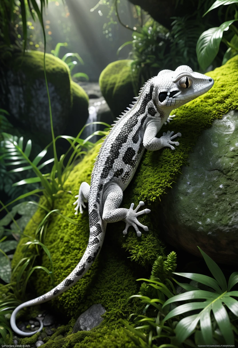 (cinematic lighting, extremely detailed, high detail, hires textures, incredibly detailed, intricate details, masterpiece, photorealism, true masterpiece,  Intricately designed), (jungle, rocks, plants, moss), (silver gecko:1.3, tail, black eyes, spikes)