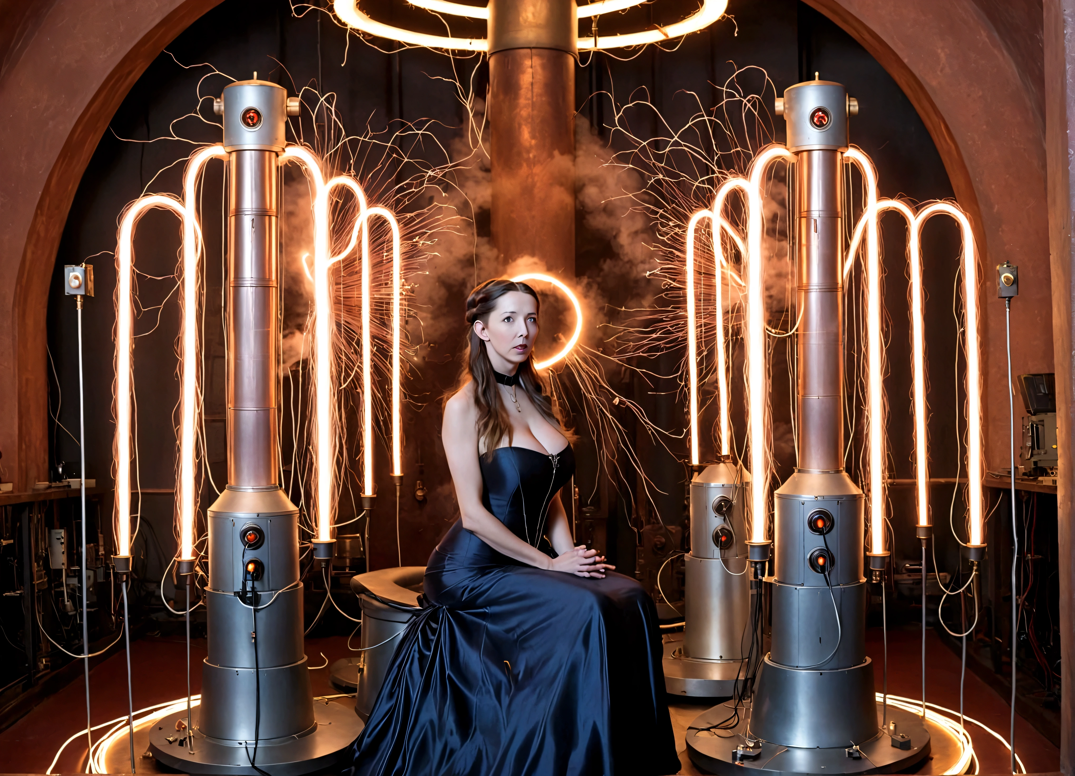 Tesla, 1900, has designed a throne of power (It has a Tesla coil on either side, electricity dances through the lab and across the coils), a lovely woman in an intricate dress sits on the throne and looks worried (her hair is electrified and standing straight out)