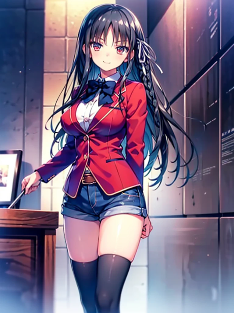 (8K, Highest quality, Highest quality, masterpiece), aasuzune, long hair, black hair, (single braid:1.2), hair ribbon, red jacket, blazer, blue bowtie, long sleeves, black thighhighs, smile, denim hot shorts, mini shorts, big breasts