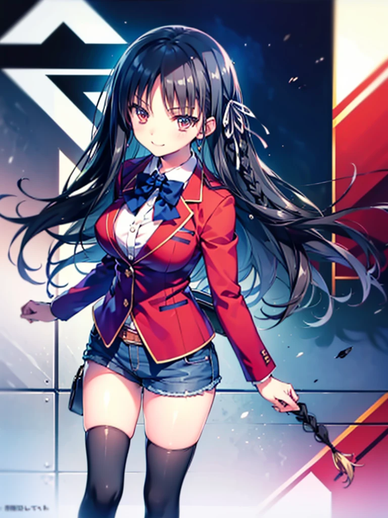 (8K, Highest quality, Highest quality, masterpiece), aasuzune, long hair, black hair, (single braid:1.2), hair ribbon, red jacket, blazer, blue bowtie, long sleeves, black thighhighs, smile, denim hot shorts, mini shorts, big breasts