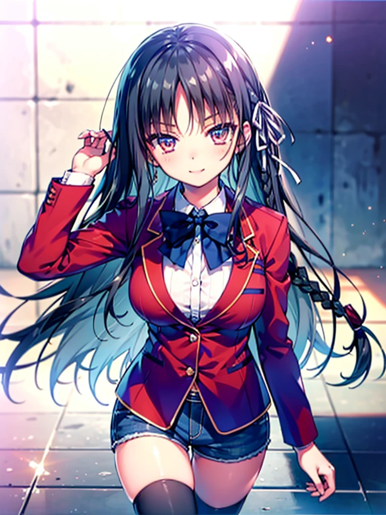(8K, Highest quality, Highest quality, masterpiece), aasuzune, long hair, black hair, (single braid:1.2), hair ribbon, red jacket, blazer, blue bowtie, long sleeves, black thighhighs, smile, denim hot shorts, mini shorts, big breasts