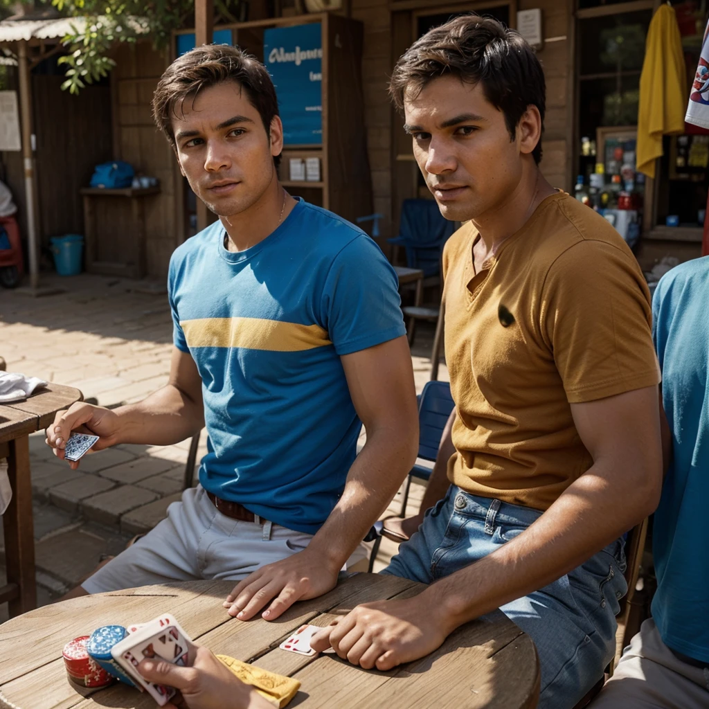 Three men, one in a blue shirt, one in a red shirt, and one in a yellow shirt, are sitting at a table outside a shop, playing cards and drinking beer. The man in the blue shirt is looking at the man in the red shirt, who is holding a deck of cards and looking at the man in the yellow shirt. The man in the yellow shirt is looking at the man in the blue shirt, who is holding his hand up in a gesture of warning. The scene is set in a small town in Africa, with a bicycle parked in the background. The sun is shining brightly, and the air is filled with the sounds of life.

[Photorealistic, vibrant, and slightly gritty, reminiscent of the work of Steve McCurry], [Wide-angle lens, natural lighting, warm colors, slight grain, shallow depth of field, focus on the hands]