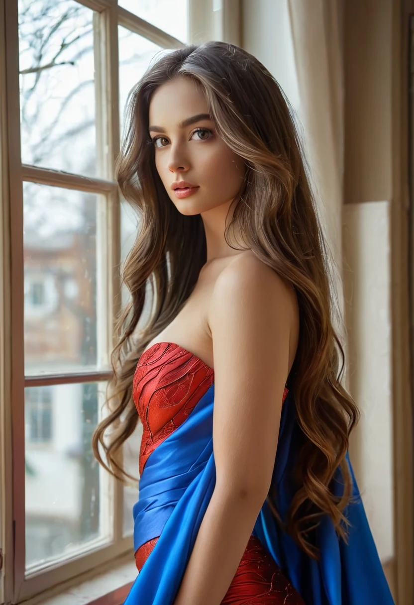 (Best Quality, 4K, 8K, High Resolution, Masterpiece: 1.2), (Super Detailed, Realistic, Photorealistic:1.37)A captivating young girl, donning a striking ensemble of red and blue, stands before a window with an air of toughness and determination. Her enchanting eyes are exquisitely detailed, capturing every glimmer and depth, while her lips boast a meticulous beauty that is both captivating and alluring. The level of detail extends to her entire face, each contour and feature meticulously rendered to perfection, creating a sense of hyper-realism that draws the viewer in. (( super crazy hairstyles, beautiful long hairs, crazy long hairs, super long hairs, long hair, crazy long hairs, super long hairs , Long wavy hairstyle))
The girl's attire, reminiscent of oil painting art, is a work of art in itself. The fabric, skillfully crafted to resemble vibrant brushstrokes, adds a touch of dynamism to her overall appearance. It is a true reflection of the artist's talent, showcasing a mastery, (NSFW:1.5)