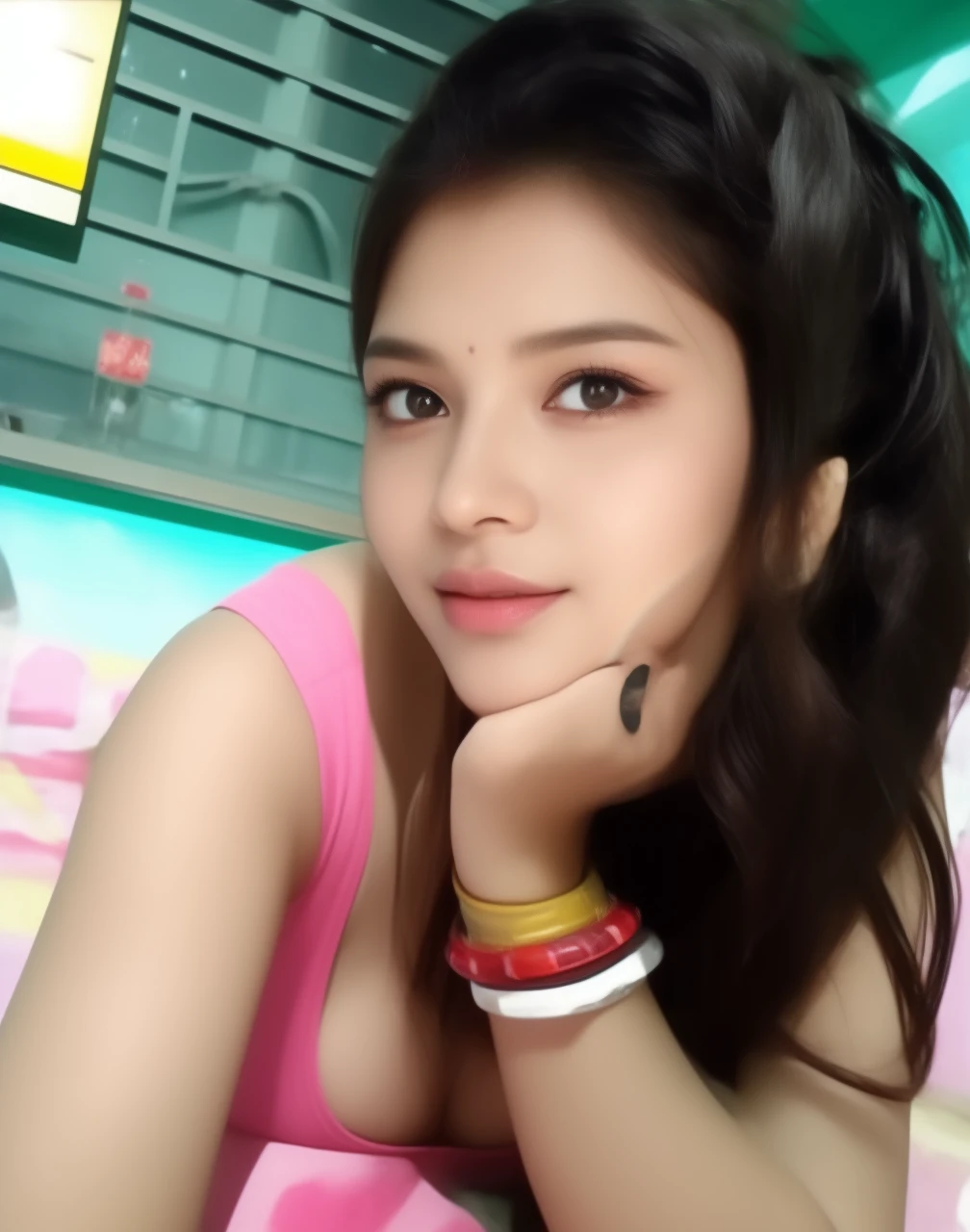 There is a woman in robot suit posing next to ancient building, beautiful indian girl half-cyborg, cute cyborg girl, beautiful girl cyborg, perfect , , young lady, beautiful female robot, beautiful robot woman, cyborg-girl, perfect female, porcelain c, female beautiful image