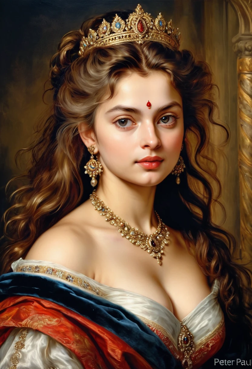 Best quality, highly detailed, masterpiece, Indian princess, Rajkanya, royal clothes, Masterpiece, extremely gorgeous woman, matchless Beauty, portrait, Peter Paul Rubens style, Woman, off shoulder bandeau crop blouse, beautifully styled hair, fluffy styled hair, middle ages, classicism, andrey atroshenko style, painting, long hair, styled hair, traditional media, realistic, figurative, fine art, detailed Art, oil on canvas, HDR, 8K, original character, high resolution, high detail, focus on the face, intricate, flawless, fluffy hair, Peter Paul Rubens style, By Peter Paul Rubens, sharp picture, no crown