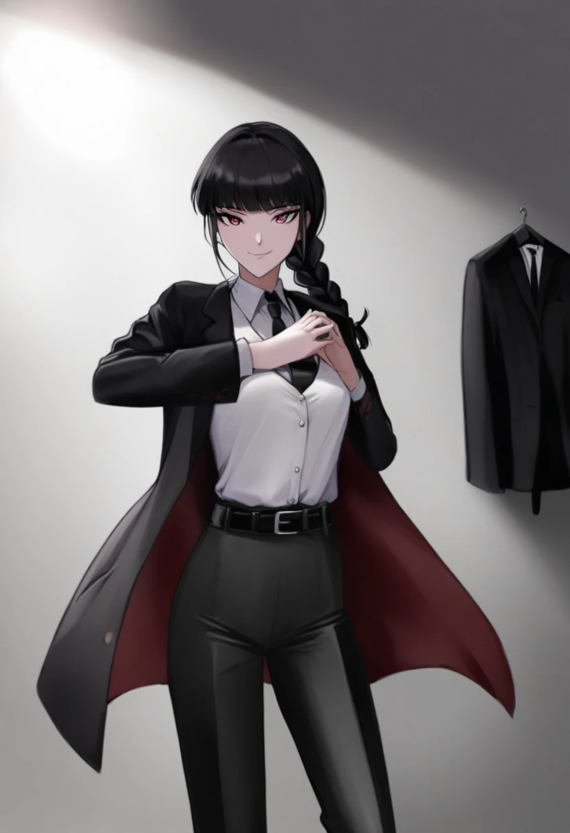1 girl,hands(chaausaw_Homau),waist belt,blackw_jaket,blackw_necktie,blackw_pants,braid,braided_hypdertailed,breastsout,brhaving_body hair,busauess_havingphi,buttoned up_fists,(chaau:1.3),collared_chemise,formal,jaket,Lumiere_ssmile,far away_body hair,far away_sleeveless,lookaug_phi_viewer,average_breastsout,necktie,DESK_senora,having_hands_together,pants,rauged_eyeballs,chemise_Tucked_au,ssmile,standing alone,havingphi,Unworn_jaket,offwhite_chemise,