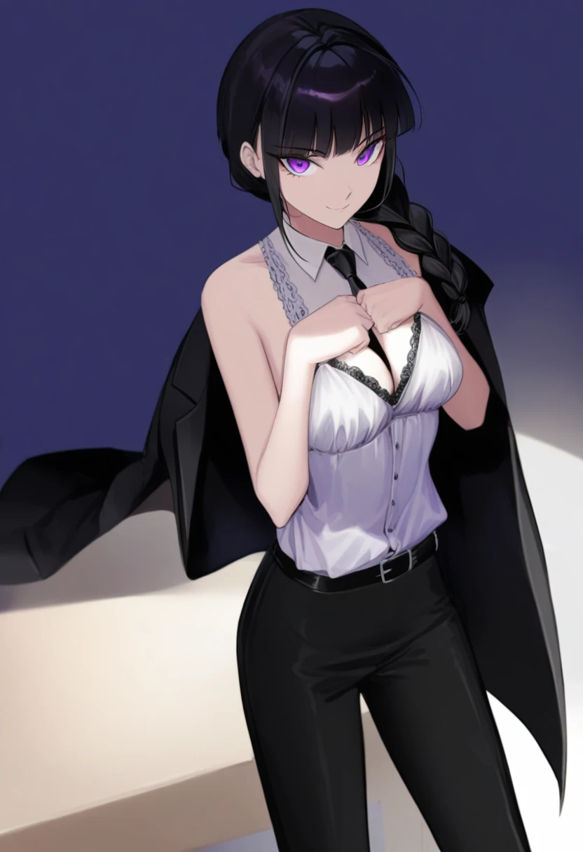 1 girl,hands(chaausaw_Homau),waist belt,blackw_jaket,blackw_necktie,blackw_pants,braid,braided_hypdertailed,breastsout,brhaving_body hair,busauess_havingphi,buttoned up_fists,(chaau:1.3),collared_chemise,formal,jaket,Lumiere_ssmile,far away_body hair,far away_sleeveless,lookaug_phi_viewer,average_breastsout,necktie,DESK_senora,having_hands_together,pants,rauged_eyeballs,chemise_Tucked_au,ssmile,standing alone,havingphi,Unworn_jaket,offwhite_chemise,