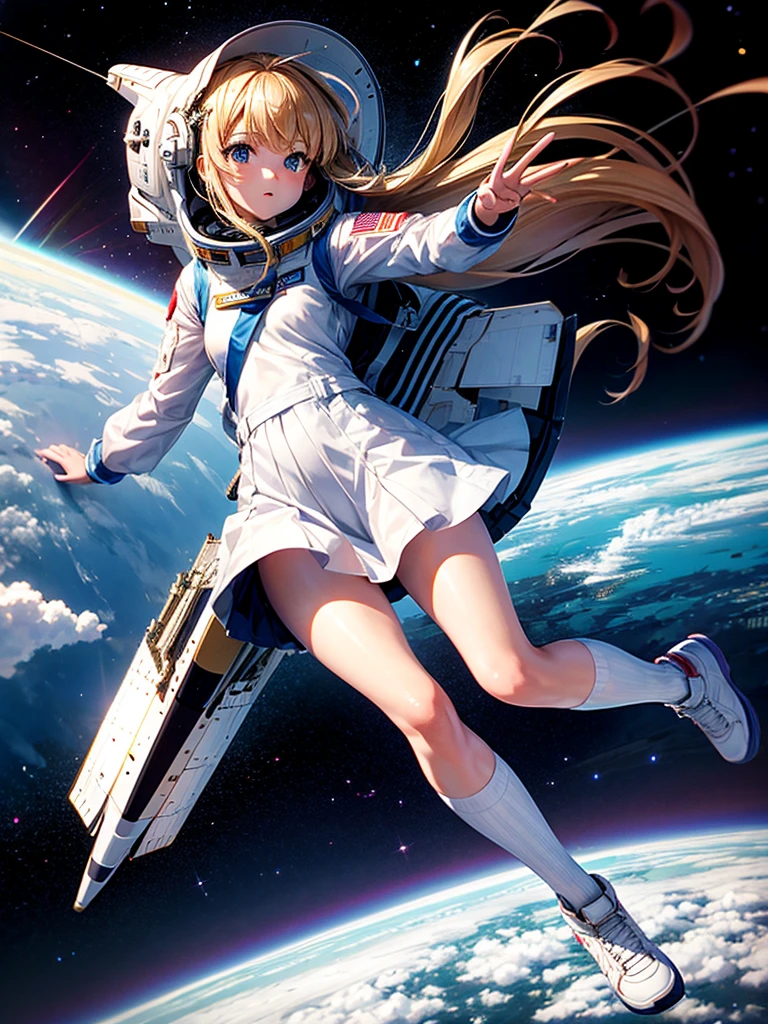 Highest quality,Highest Resolution,High school girl flying in space,Earth in the background,space shuttle,