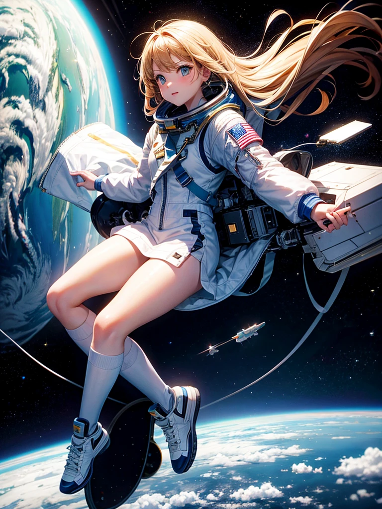 Highest quality,Highest Resolution,High school girl flying in space,Earth in the background,space shuttle,
