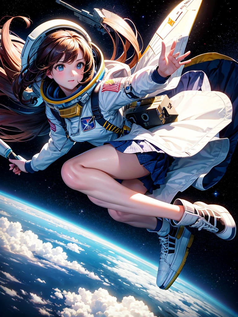 Highest quality,Highest Resolution,High school girl flying in space,Earth in the background,space shuttle,