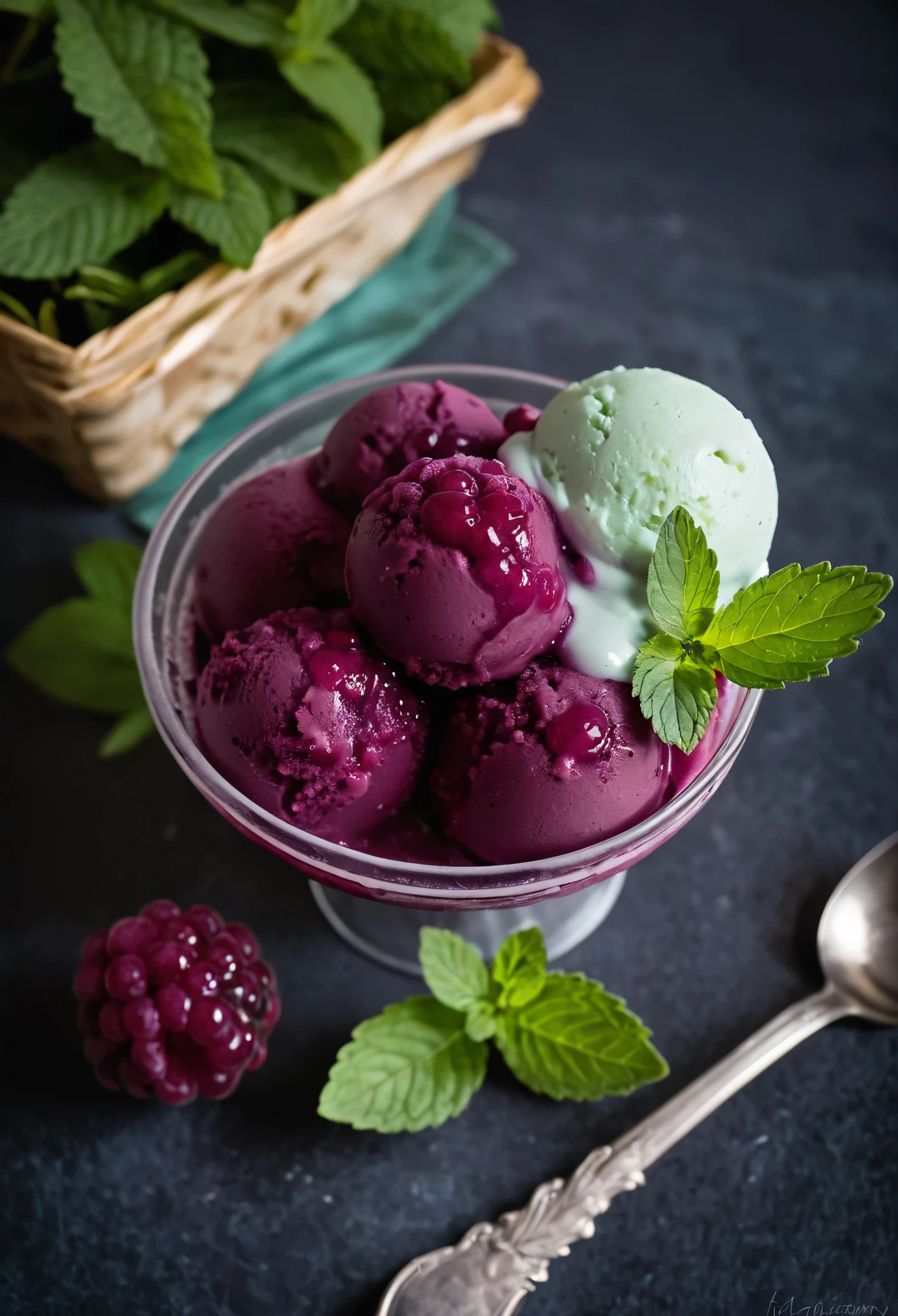 RAW photo, boysenberry ice cream, hot summer day, food photo, DSLR, fresh boysenberries and a mint sprig garnish, soft lighting, high quality, film grain, Fujifilm XT