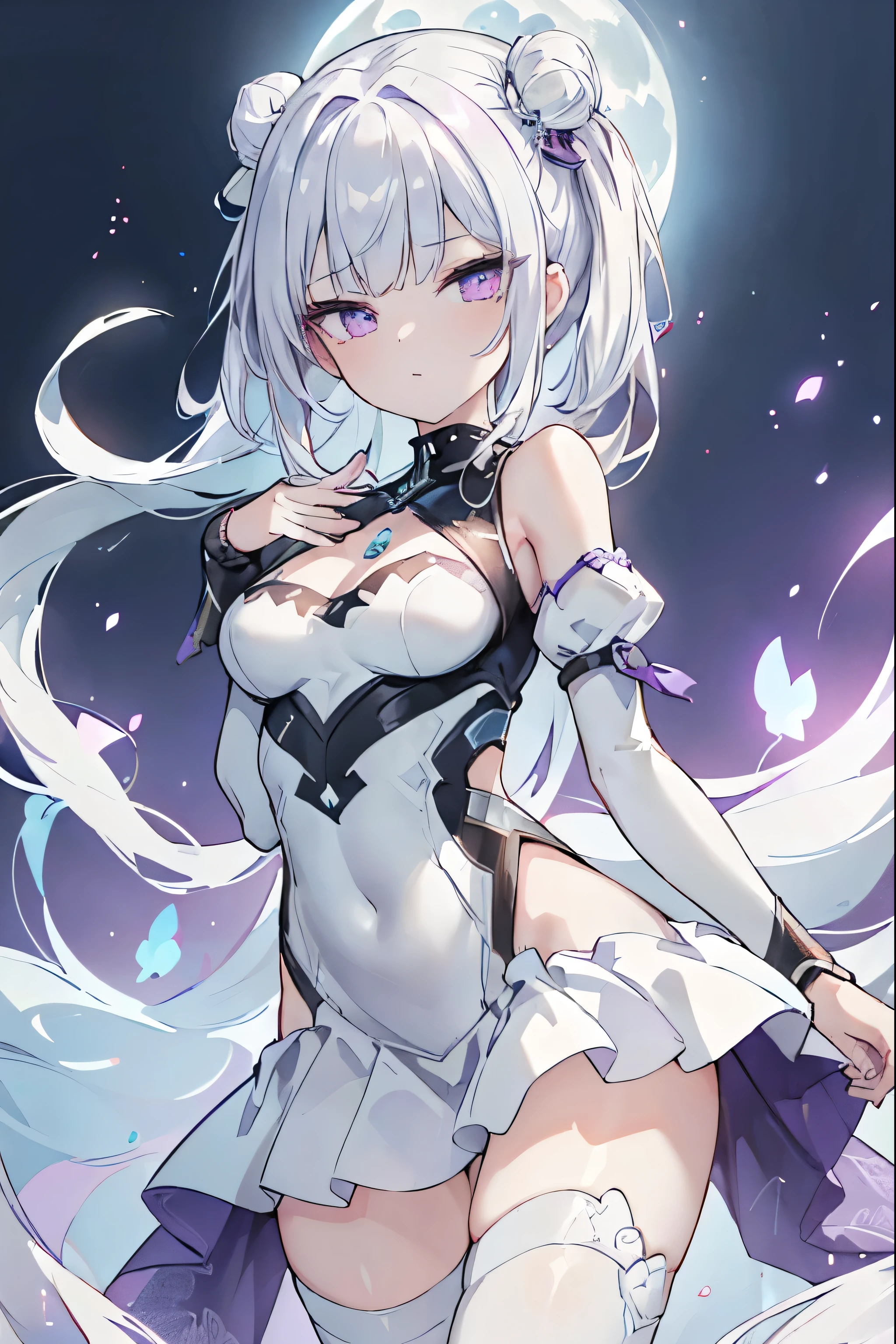 1girl, anime, cute girl, blank background, white background, fantasy, detailed fantasy dress with highlights, beautiful face, beautiful eyes, dark colors, black hair with multicolor streaks, red eye with different color pupil in eye, multicolor eye, medium breasts, slight cleavage, beautiful skin, cute, breast curtains, extremely delicate and beautiful, (beautiful detailed face:1.0), (detailed deep eyes), symmetrical breasts, deep eyes, shiny skin, portrait, slender waist, hips wider than shoulders, thighs, expressionless, young girl, luminous eyes, adorable，（Kpop idol）,（aegyo sal：1），（Platinum blonde hair：1），（（puffy eye）），Black panty，sexy posture，Superskirt, Ultra-high resolution，Black collar，slim figure, Abdominal y tattoo, womb tattoo，Tight-fitting leg ring，y tattoo on half-body，Bare skin, Armored hand，Hidden fingertips，Hand covered，Arm covered，Fist covered,{{beautiful detailed fingers}}, tufts of hair, moderate beautiful breast:1.0,(masterpiece:1.2), best quality, high-res, HDR, perfect face, intricate armor, delicate blue filigree, intricate filigree, red metalic parts, detailed part, dynamic pose, dynamic lights, cute face, neutral expression, shuimobysim, lotus, Hanfu, maxi skirt, dress conservatively 1girl, solo, long blue hair, standing, One lady,14years,((White hair) ,(Shiny purple bodysuit with microskirt),((Fantasy, Moon Night)), gradient_eyes,
